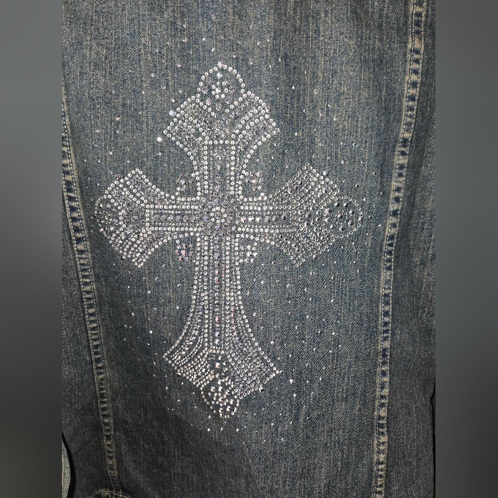 Women's Bill Blass Blue Denim Jacket Rhinestone Cross Y2k Size XL - Picture 12 of 12